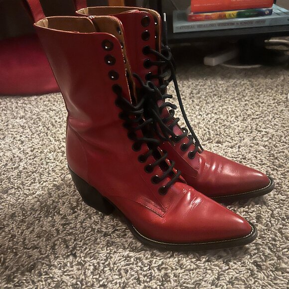 Chloe Red Leather Rylee Lace Up Boots- Size 41 - Picture 1 of 3